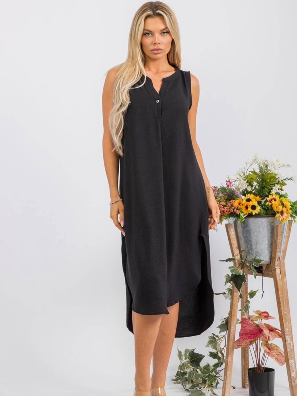 Sleeveless Black Henley Midi Dress
